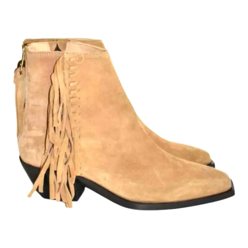 ALLSAINTS Layla Suede Fringe Bootie Cognac Sand BLOCK WESTERN‎ Boots 38 US 8